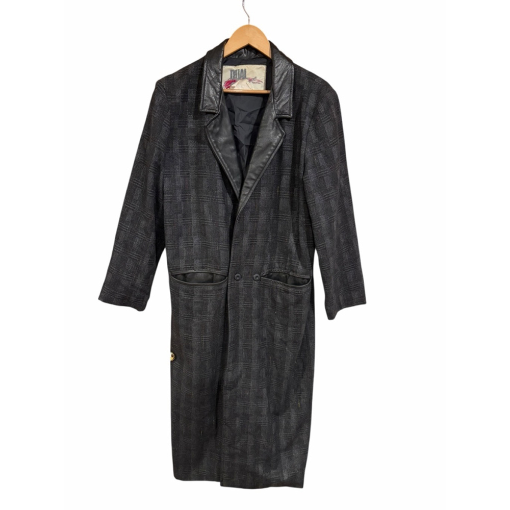 Vintage Dual Control Leather Wool Coat Black Plaid Long Coat Canada Minimalist